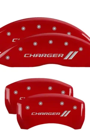 Hot Picks MGP Brake Caliper Covers with Charger Stripes Logo; Red; Front and Rear