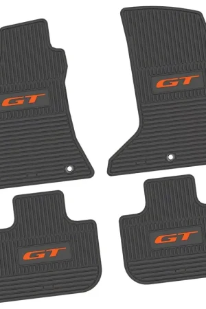 Trending Factory Floorpan Fit Custom Vintage Scene Front and Rear Floor Mats with Orange GT Insert; Black