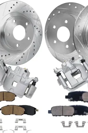 12pc Front & Rear Drilled Slotted Rotors Calipers Ceramic Brake Pads Kit Affordable