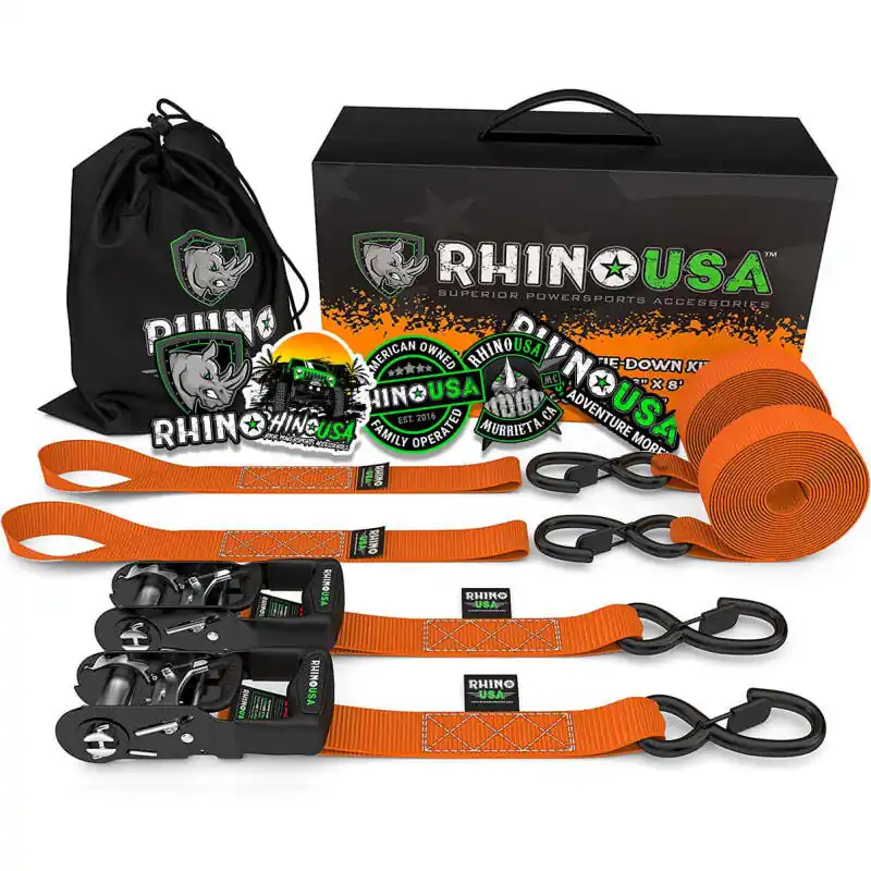 Same Day Shipping Rhino USA Heavy Duty Ratchet Tie-Downs 2-Pack (Orange) 1.6In X 8Ft