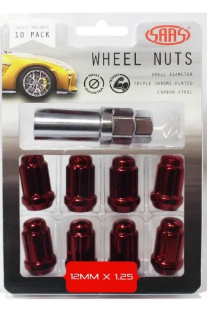SAAS Set of 10 Small Diameter Wheel Nuts - Red, M12x1.25 Threads with 6 Spline Drive and Key - 6330510R Bargain
