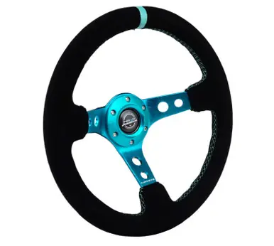 NRG Reinforced Steering Wheel (350mm/ 3in. Deep) Black Suede/ Teal Center Mark/ Teal Stitching - RST-006S-TL One Day Deal